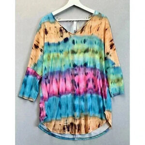 Honeyme Women's Tunic Top Size Large Blue Tie Dye‎ Dolman Sleeve Rounded Hem